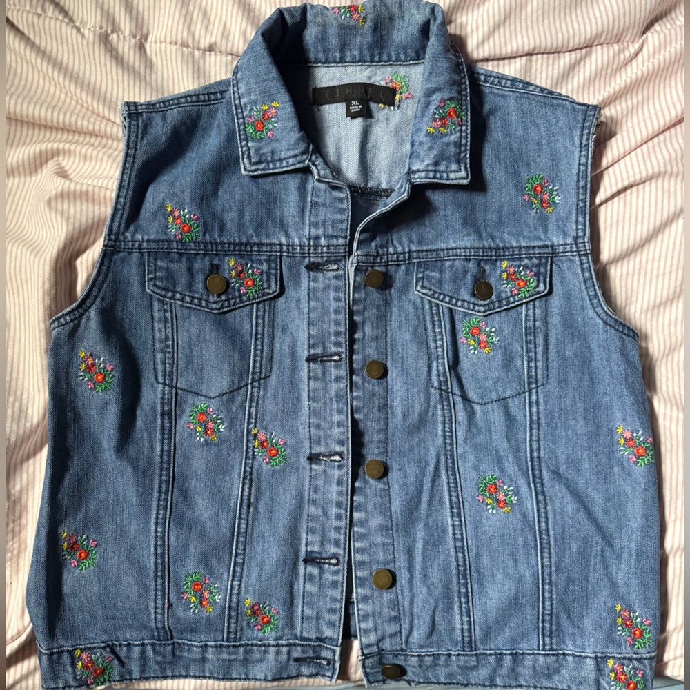 Tinsel Denim Vest with Colorful Floral Accents